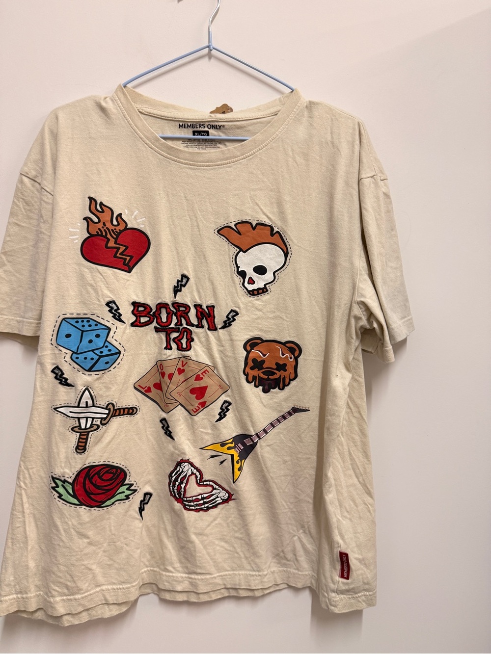 Members Only Cream Graphic Tee with Tattoo-Inspired Icons
